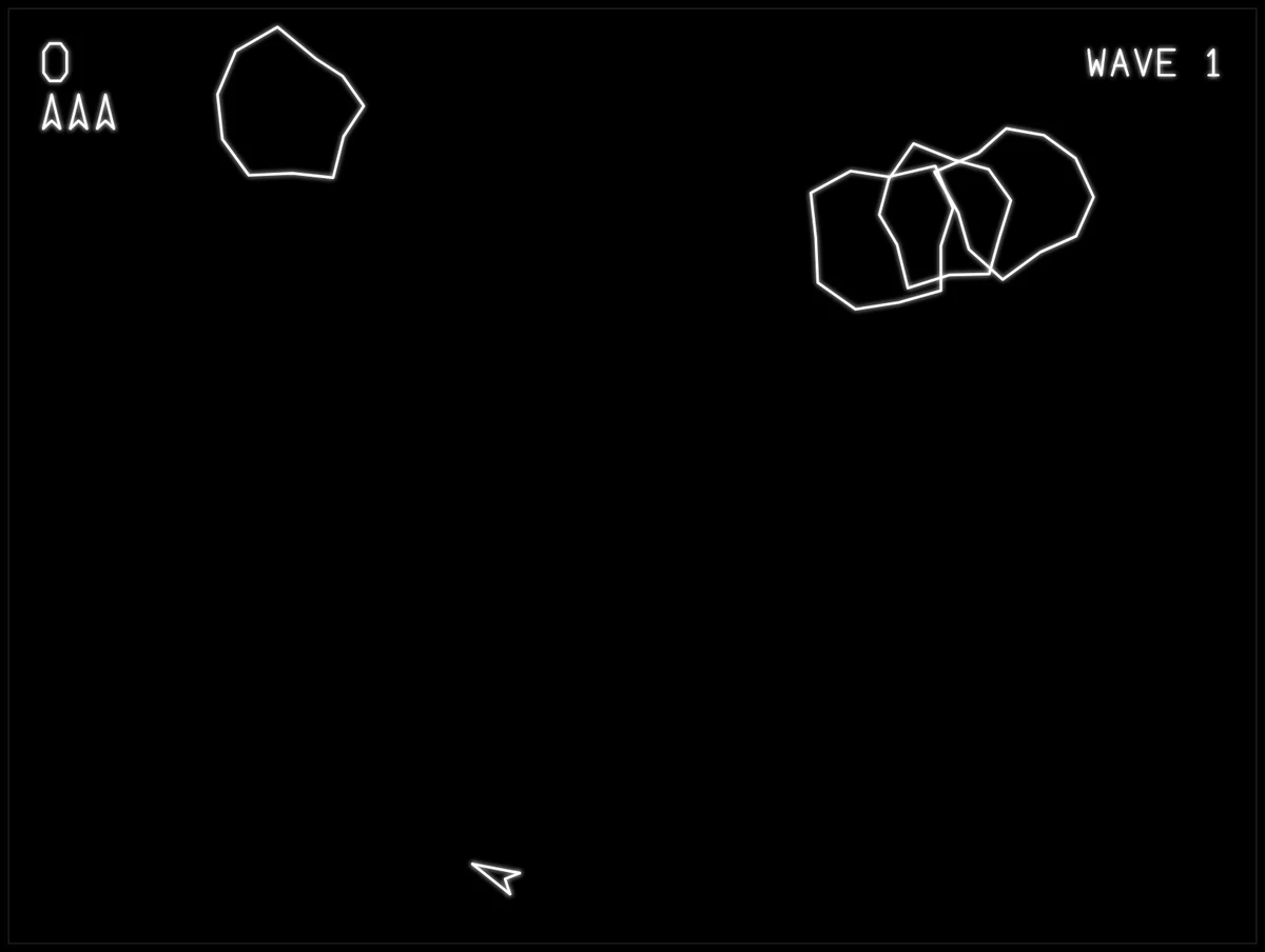 Opus 5 one-shot Asteroids build with glowing vector graphics but missing features