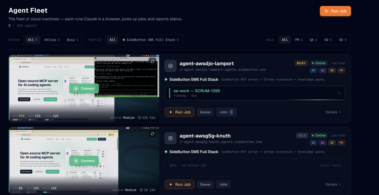 SideButton fleet console: live VMs, roles and telemetry